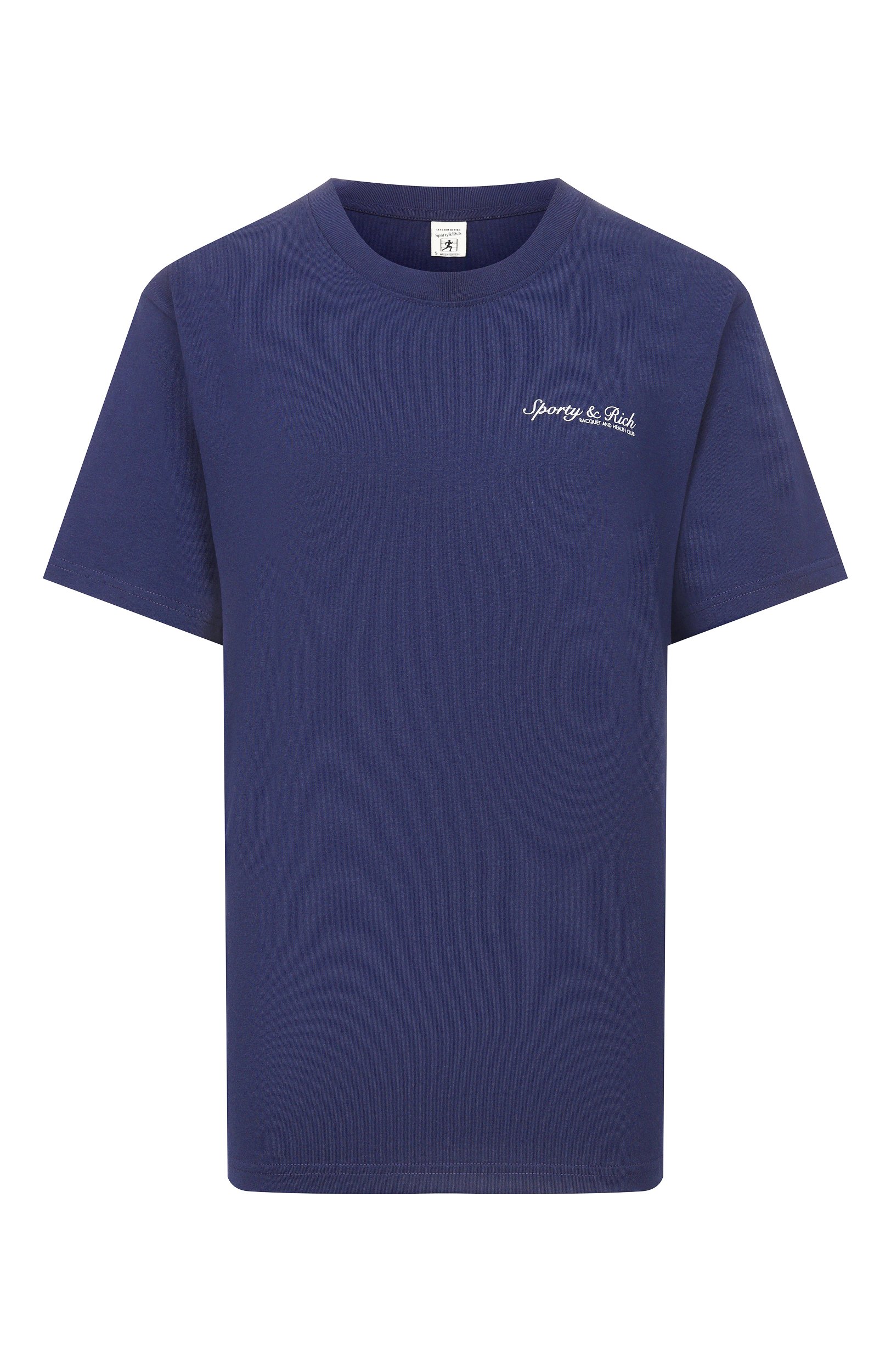 Хлопковая футболка SPORTY AND RICH темно-синего цвета по цене 12150 руб., арт. T011975325BL106, фото 1 Хлопковая футболка SPORTY AND RICH, арт. T011975325BL106, фото 1