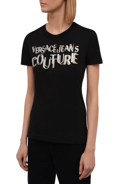 Хлопковая футболка VERSACE JEANS COUTURE черного цвета по цене 13950 руб., арт. 71HAHT02-71DP608 S 2 L0G0 GLITTER/CJ00T, фото 3 Хлопковая футболка VERSACE JEANS COUTURE, арт. 71HAHT02-71DP608 S 2 L0G0 GLITTER/CJ00T, фото 3