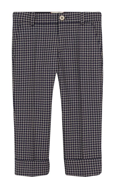 Шерстяные брюки в клетку с отворотами GUCCI синего цвета по цене 53350 руб., арт. 499573/XB823, фото 1 Шерстяные брюки в клетку с отворотами GUCCI, арт. 499573/XB823, фото 1