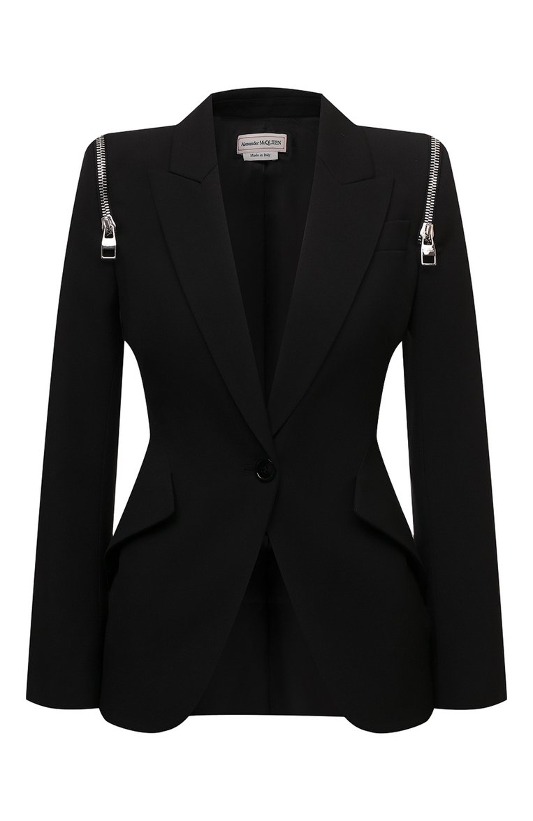 Женский шерстяной �жакет ALEXANDER MCQUEEN черного цвета, арт. 686741/QJACA | Фото 1 (Длина (для топов): Стандартные; Материал подклада: Купро; Рукава: Длинные; Материал внешний: Шерсть; Стили: Гламурный; Случай: Вечерний; Женское Кросс-КТ: Жакет-одежда; 1-2-бортные: Однобортные; Региональные ограничения белый список (Axapta Mercury): RU)