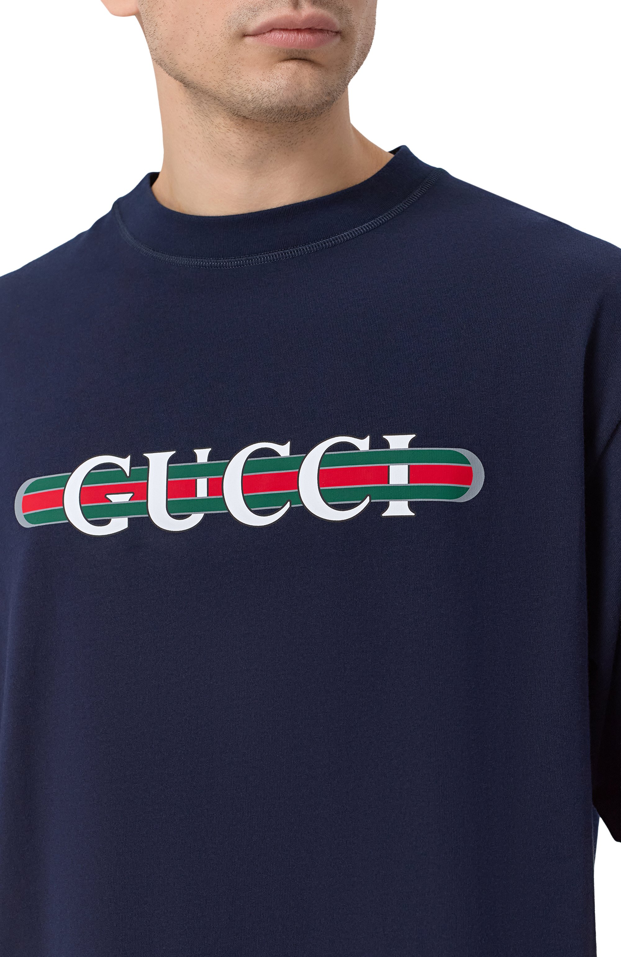Хлопковая футболка GUCCI темно-синего цвета по цене 69450 руб., арт. 784361/XJGTE, фото 5 Хлопковая футболка GUCCI, арт. 784361/XJGTE, фото 5