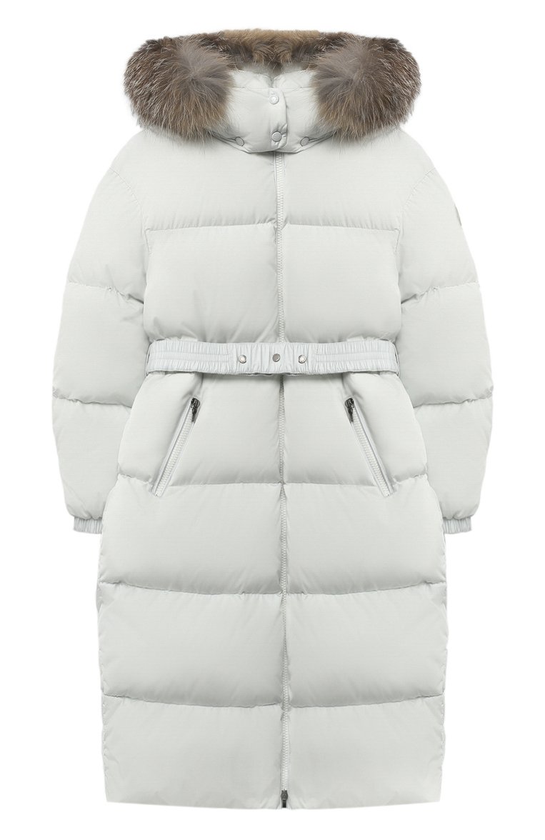 Детская пуховое пальто MONCLER серого цвета, арт. F2-954-1C528-10-C0063/4-6A | Фото 1 (Материал подклада: Синтетический материал; Материал утеплителя: Пух и перо; Рукава: Длинные; Материал внешний: Синтетический материал; Девочки Кросс-КТ: Пуховик-верхняя одежда; Кросс-КТ: Зима; Региональные ограничения белый список (Axapta Mercury): RU; Драгоценные камни: Проставлено; Материал сплава: Проставлено; Ростовка одежда: 4 года | 104 см, 5 лет | 110 см, 6 лет | 116 см)