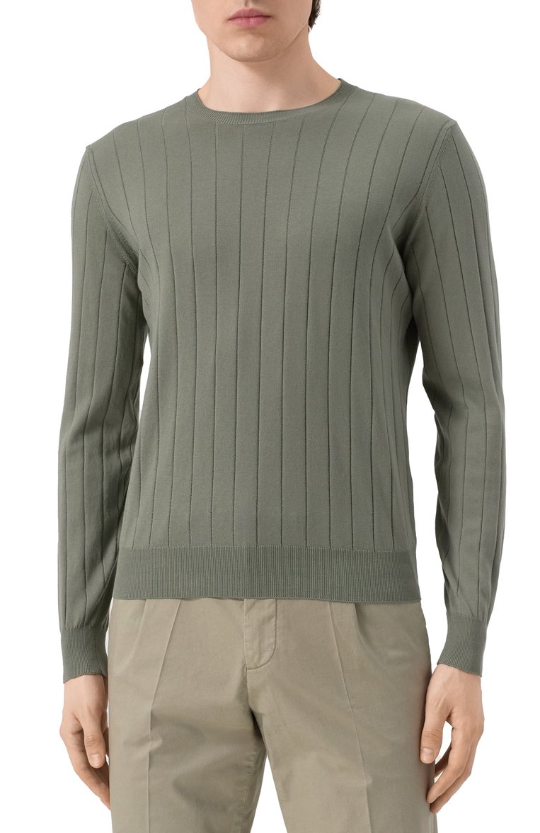 Мужской хлопковый джемпер CORNELIANI светло-зеленого цвета, арт. 25M513-2525153 | Фото 3 (Рукава: Длинные; Длина (для топов): Стандартные; Стили: Кэжуэл, Спорт-шик; Принт: Без принта; Мужское Кросс-КТ: Джемперы; Вырез: Круглый; Материал внешний: Хлопок)