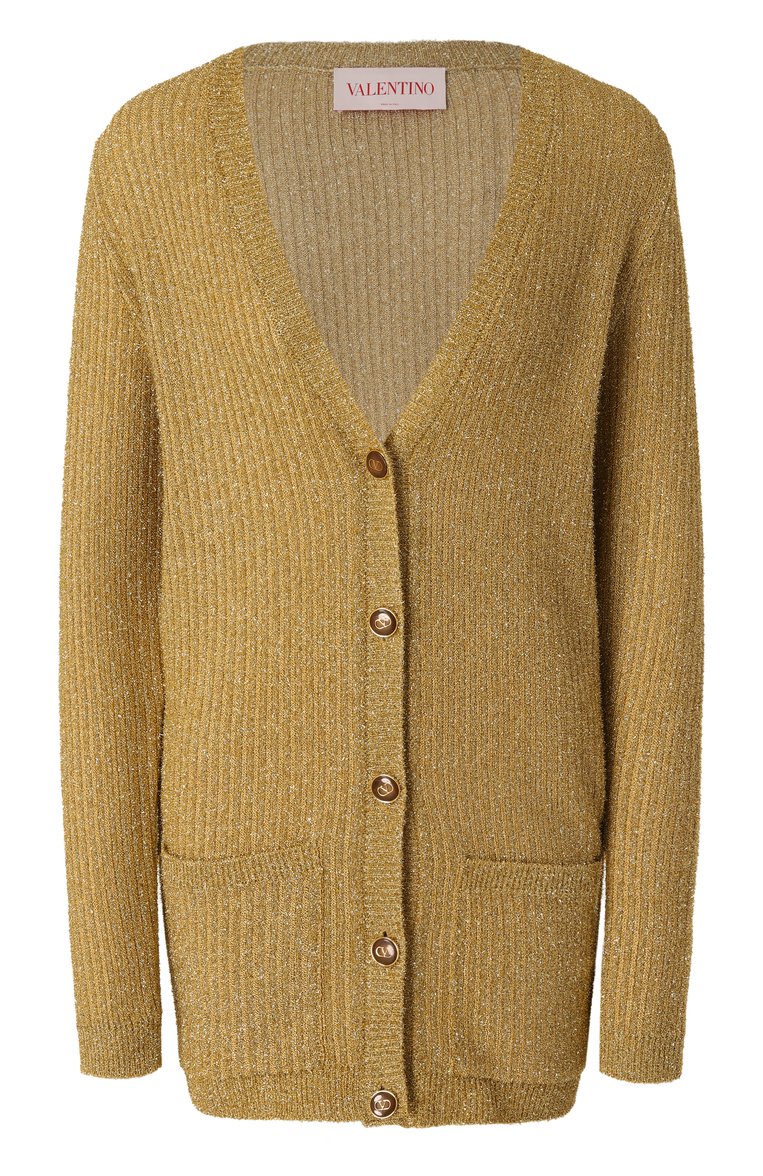 Женский кардиган VALENTINO золотого цвета, арт. 6B3KA10D94H | Фото 1 (Длина (для топов): Удлиненные; Материал внешний: Металлизированное волокно, Вискоза, Синтетический материал; Рукава: Длинные; Стили: Кэжуэл; Женское Кросс-КТ: кардиган-трикотаж; Застежка: Пуговицы)