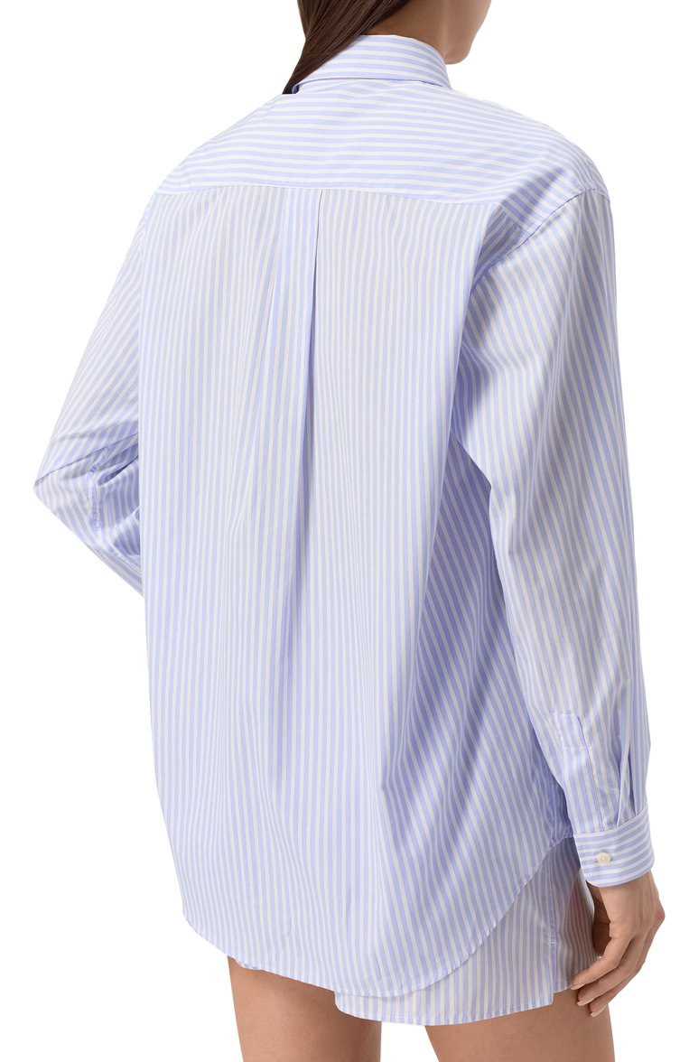Женская хлопковая рубашка SPORTY AND RICH голубого цвета, арт. SI006612302ST08 | Фото 4 (Рукава: Длинные; Автоматизация ТО: Проставлено; Длина (для топов): Удлиненные; Автоматизация состава: Проставлено; Материал внешний: Хлопок; Женское Кросс-КТ: Рубашка-одежда; Принт: Полоска, С принтом; Стили: Кэжуэл; Детали: Без декора)