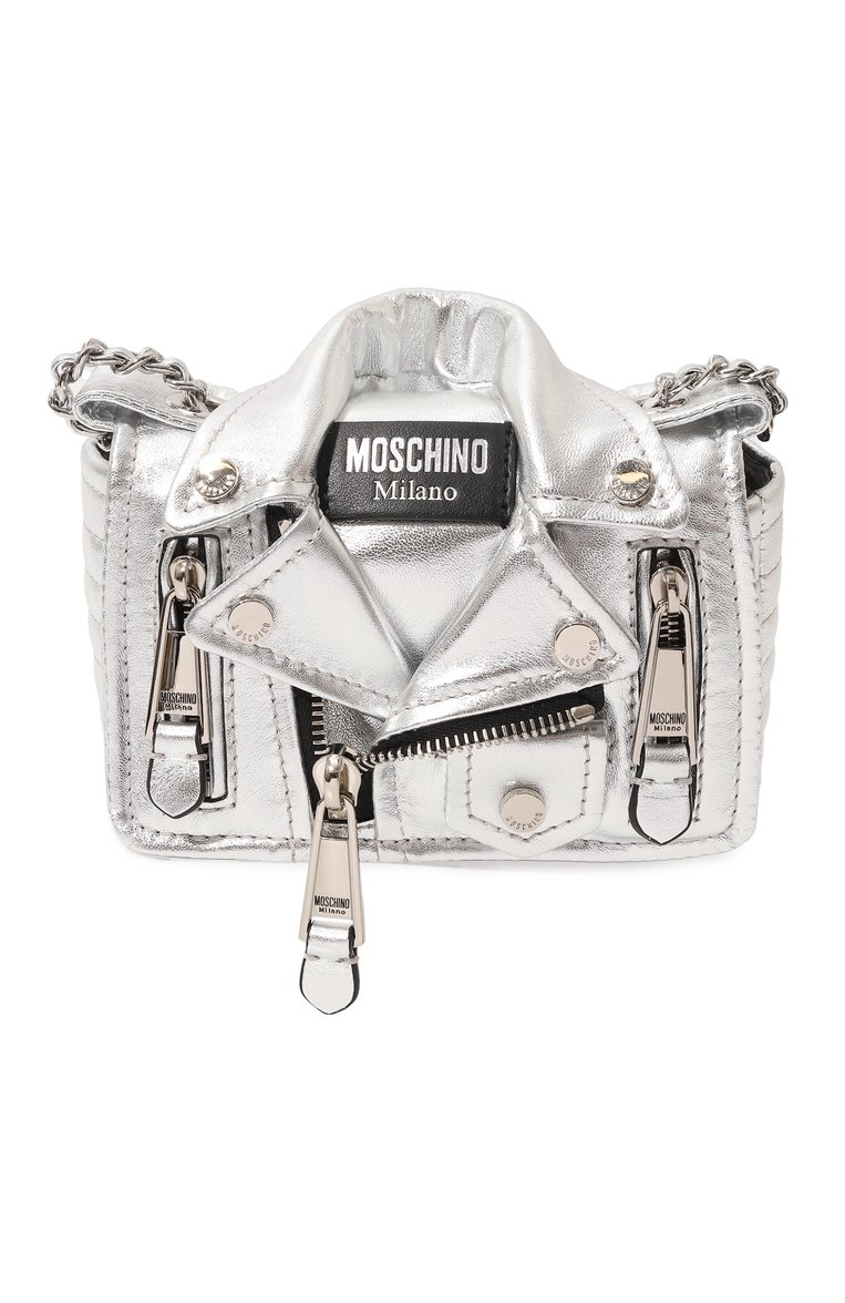 Женская сумка biker MOSCHINO серебряного цвета, арт. A7491/8011 | Фото 1 (Материал: Натуральная кожа; Материал сплава: Проставлено; Размер: mini; Ремень/цепочка: На ремешке; Драгоценные камни: Проставлено)
