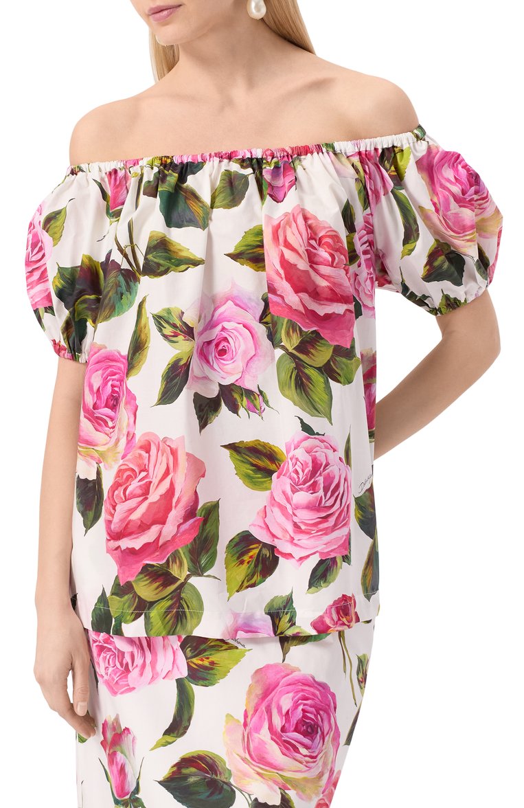 Женский хлопковый топ DOLCE & GABBANA разноцветного цвета, арт. F756UT/HS5S4 | Фото 3 (Рукава: Короткие; Материал внешний: Хлопок; Длина (для топов): Стандартные; Стили: Романтичный; Кросс-КТ: костюм; Автоматизация состава: Проставлено; Автома�тизация ТО: Проставлено; Размерность: Товар большемерит; Re-sync: On)