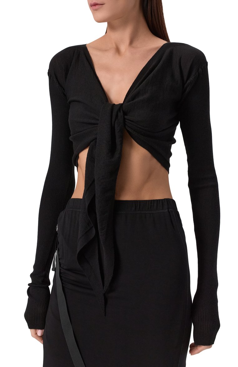 Женский шерстяной кардиган RICK OWENS черного цвета, арт. RP01E7645/M | Фото 3 (Материал внешний: Шерсть; Длина (для топов): Укороченные; Рукава: Длинные; Женское Кросс-КТ: кардиган-трикотаж; Стили: Минимализм; Застежка: Без застежки, Пояс)