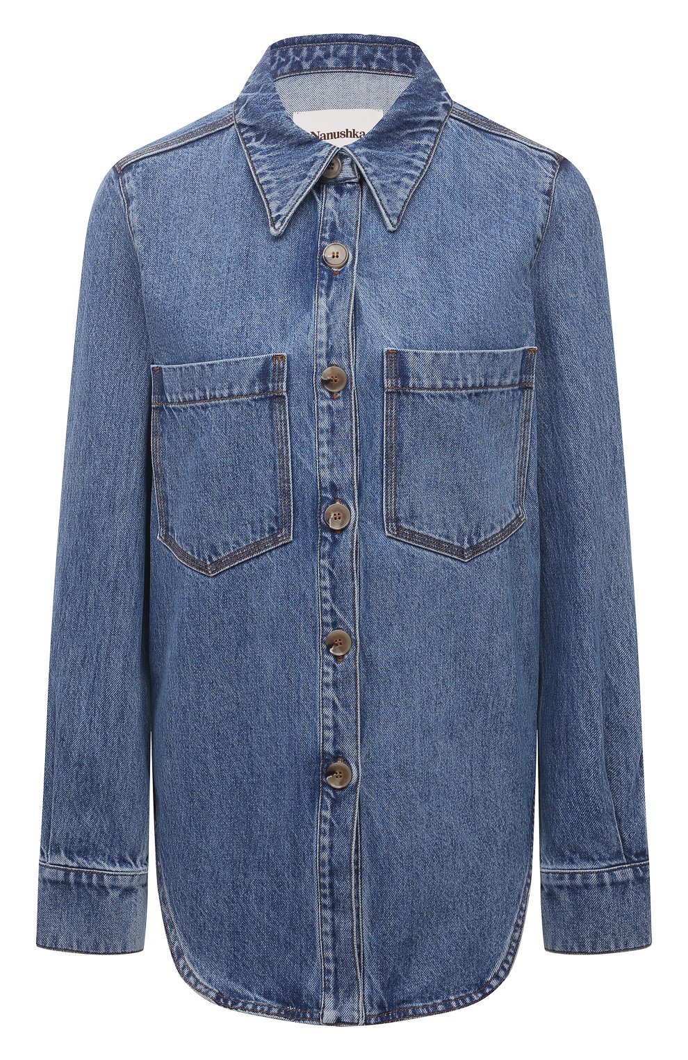 Джинсовая рубашка NANUSHKA синего цвета по цене 42750 руб., арт. SEINT_MEDIUM BLUE_RIGID DENIM, фото 1 Джинсовая рубашка NANUSHKA, арт. SEINT_MEDIUM BLUE_RIGID DENIM, фото 1