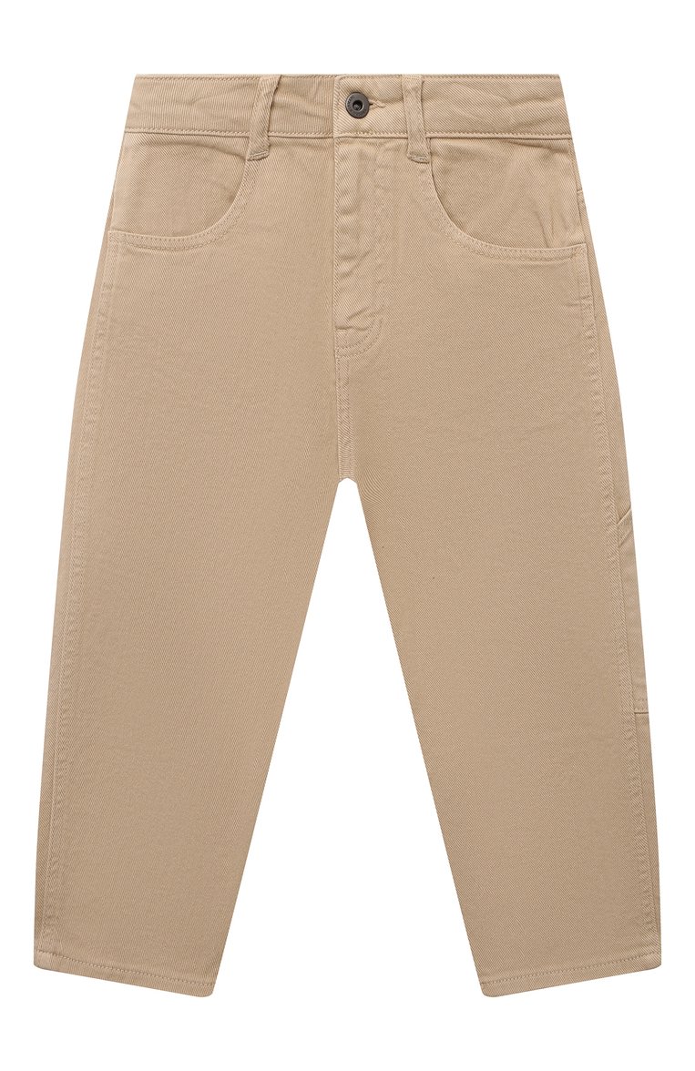 Детские джинсы EMPORIO ARMANI бежевого цвета, арт. 6D4J95/4N8VZ | Фото 1 (Материал внешний: Хлопок; Нос: Не проставлено; Детали: Однотонный; Автоматизация состава: Проставлено; Ростовка одежда: 4 года | 104 см, 5 лет | 110 см, 6 лет | 116 см, 7 лет | 122 см, 8 лет | 128 см, 10 - 11 лет | 140 - 146см, 13 - 15 лет | 158 см, 16 лет | 164 см)