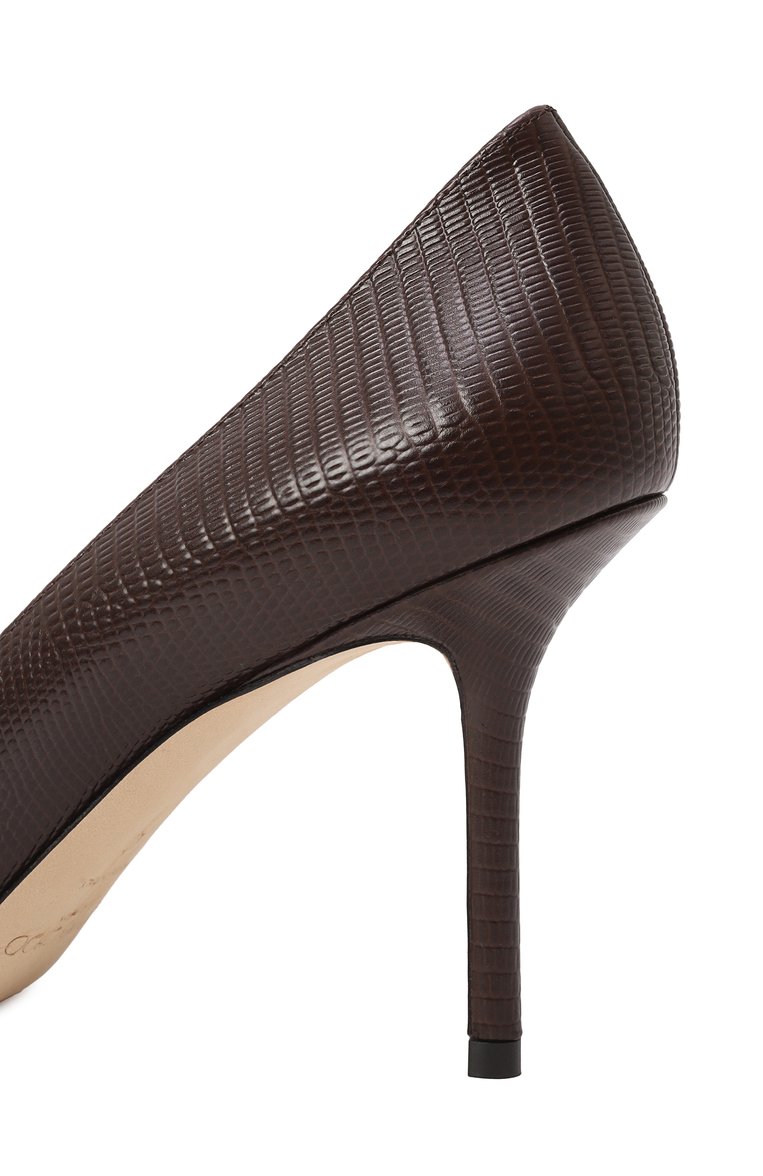 Женские кожаные туфли love 85 JIMMY CHOO темно-коричневого цвета, арт. L0VE 85/PWJ | Фото 7 (Драгоценные камни: Проставлено; Подошва: Плоская; Каблук высота: Высокий; Материал сплава: Проставлено; Материал внешний: Натуральная кожа; Материал внутренний: Натуральная кожа; Каблук тип: Шпильк�а)