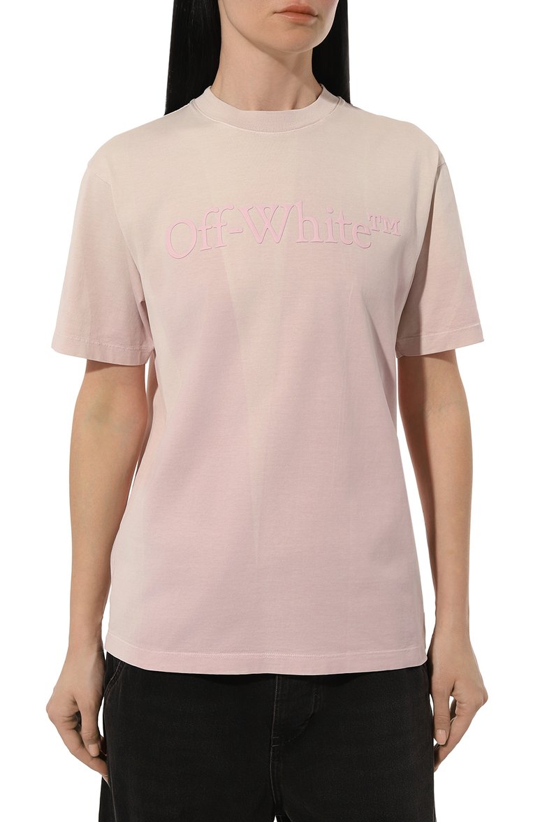 Женская хлопковая футболка OFF-WHITE светло-розового цвета, арт. 0WAA049S24JER001 | Фото 3 (Рукава: Короткие; Материал внешний: Хлопок; Принт: С принтом; Стили: Кэжуэл; Длина (для топов): Стандартные)