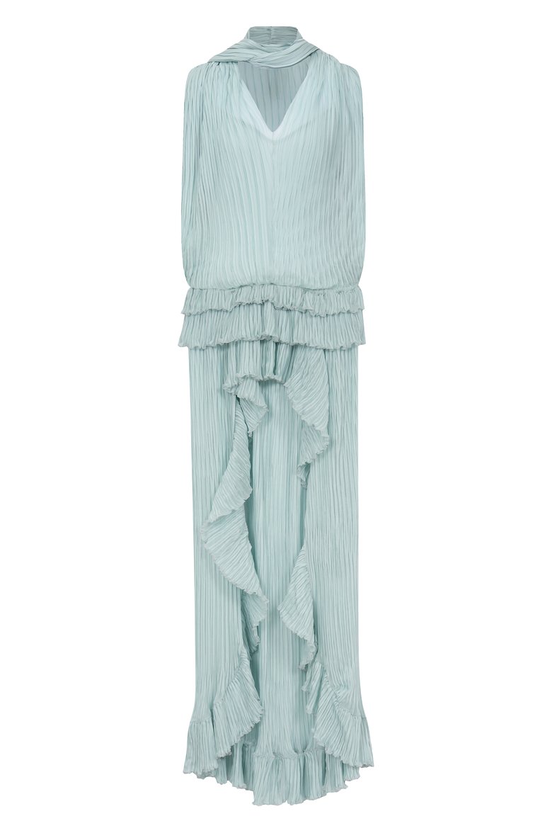 Женское шелковое платье BLUMARINE голубого цвета, арт. P54 4A244W | Фото 1 (Длина Ж (юбки, платья, шорты): Макси; Автоматизация состава: Проставлено; Автоматизация ТО: Проставлено; Материал внешний: Шелк; Стили: Романтичный; Случай: Коктейльный; Женское Кросс-КТ: Платье-одежда; Рукава: На бретелях, Без рукавов)