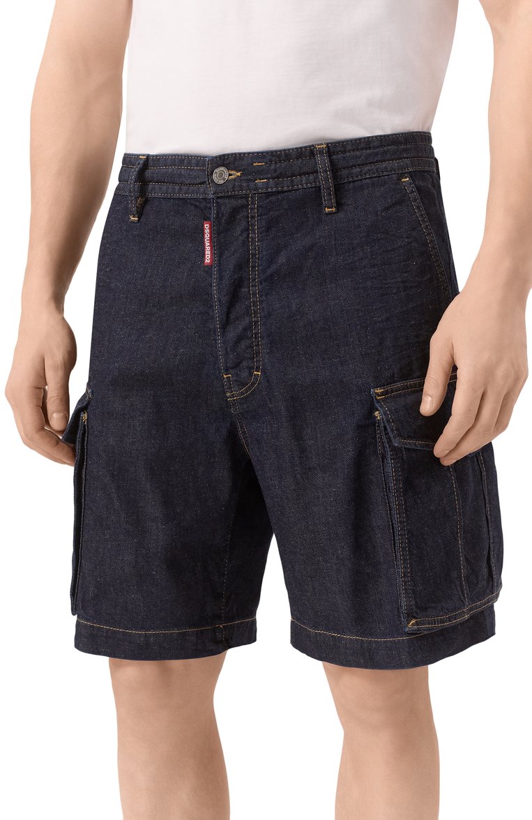 Мужские джинсовые шорты DSQUARED2 темно-синего цвета, арт. S78MU0064/S30825 | Фото 3 (Длина Шорты М: До колена; Материал внешний: Хлопок, Деним; Силуэт М (брюки): Карго; Случай: Повседневный; Кросс-КТ: Деним; Принт: Без принта; Стили: Гранж; Автоматизация ТО: Проставлено; Автоматизация состава: Проставлено; Детали: Без декора)