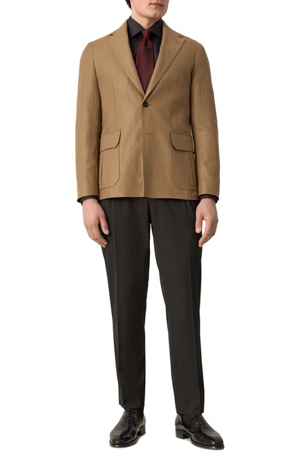 Мужской льняной пиджак CORNELIANI бежевого цвета, арт. 25X591-2514108 | Фото 2 (Рукава: Длинные; Драгоценные камни: Проставлено; Материал сплава: Проставлено; Длина (для топов): Стандартные; Материал внешний: Лен; 1-2-бортные: Однобортные; Пиджаки М: Приталенный; Случай: Повседневный)