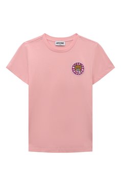 Детская хлопковая футболка MOSCHINO светло-розового цвета, арт. HSM03U/LAA10/10A-14A | Фото 1 (Драгоценные камни: Проставлено; Материал внешний: Хлопок; Материал сплава: Проставлено; Рукава: Короткие; Девочки Кросс-КТ: футболка-одежда)