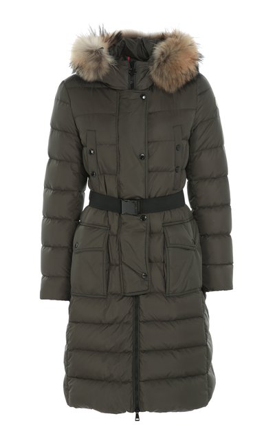 Женский удлиненный пуховик с меховой отделкой капюшона и поясом MONCLER, арт. B2-093-49884-25-68065