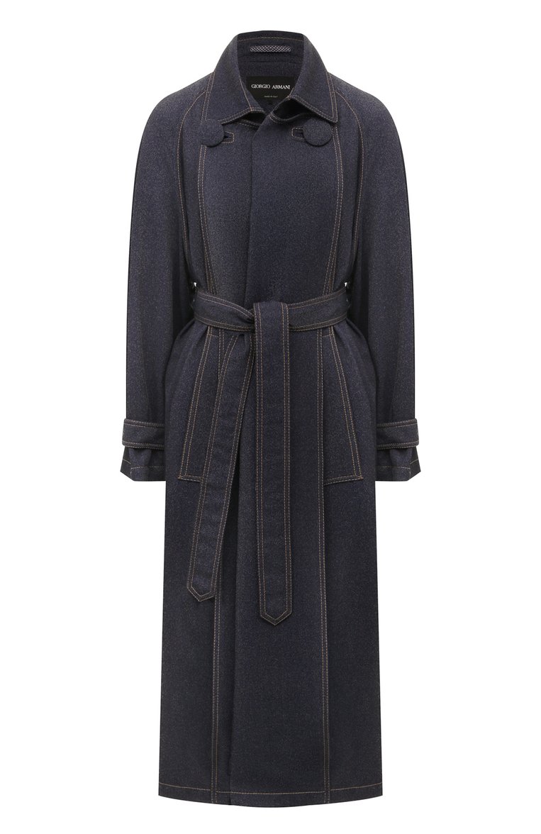 Женский джинсовый плащ GIORGIO ARMANI темно-синего цвета, арт. 0SH0L042/T00G8 | Фото 1 (Рукава: Длинные; Стили: Кэжуэл; Материал внешний: Вискоза, Деним; Длина (верхняя одежда): Длинные; Кросс-КТ: Деним, Куртка)