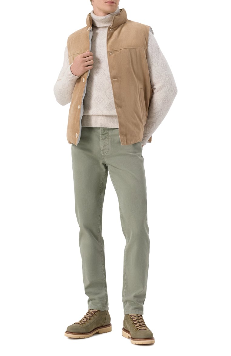 Мужские джинсы traditional fit BRUNELLO CUCINELLI светло-зеленого цвета, арт. M277PD3210 | Фото 2 (Материал внешний: Хлопок, Деним; Длина (брюки, джинсы): Стандартные; Кросс-КТ: Деним; Силуэт М (брюки): Прямые; Стили: Милитари, Повседневный; Автоматизация состава: Проставлено; Автоматизация ТО: Проставлено)