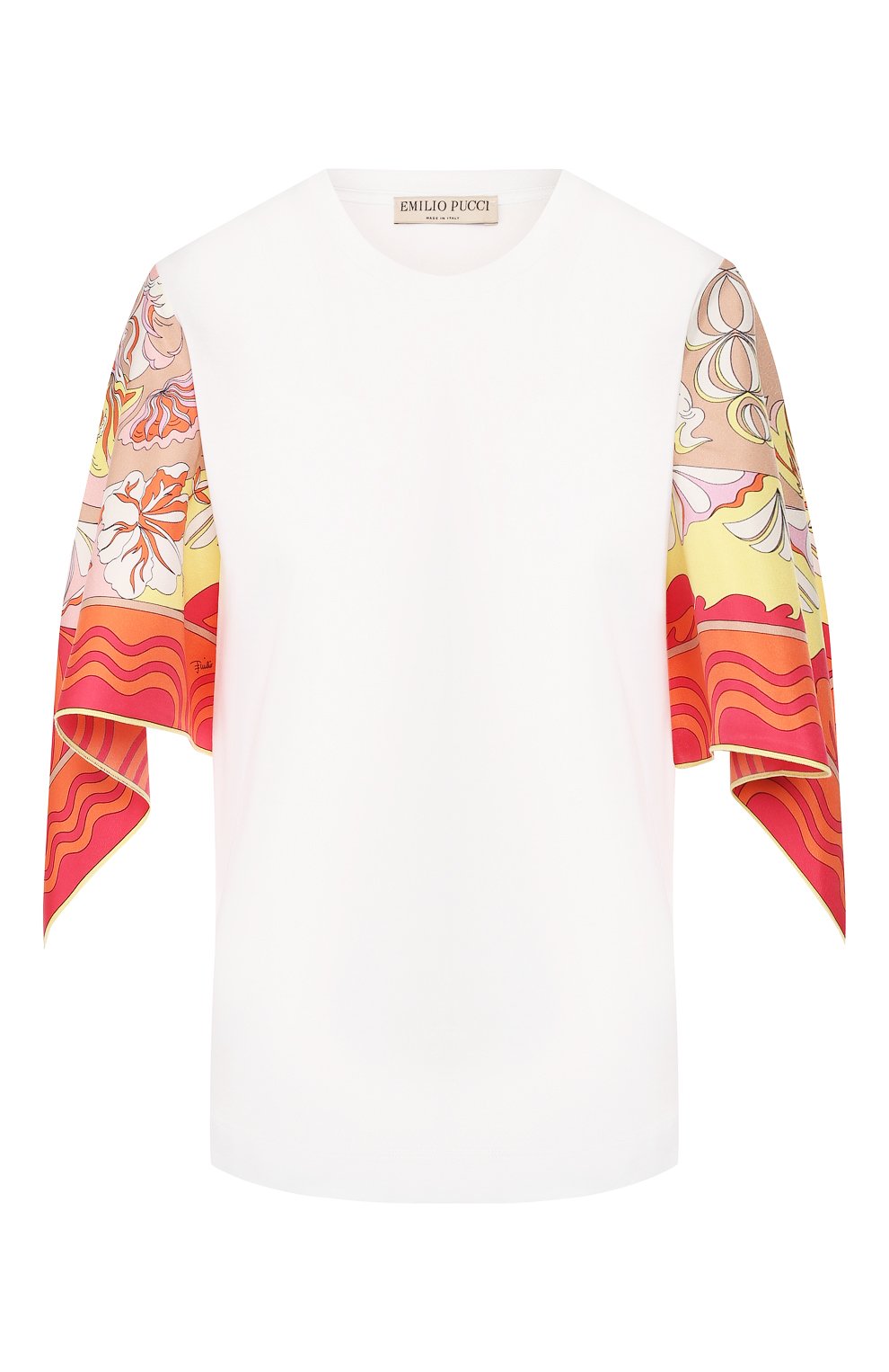 Футболка из смеси хлопка и шелка EMILIO PUCCI белого цвета по цене 39950 руб., арт. 0EJP10/0E988, фото 1 Футболка из смеси хлопка и шелка EMILIO PUCCI, арт. 0EJP10/0E988, фото 1