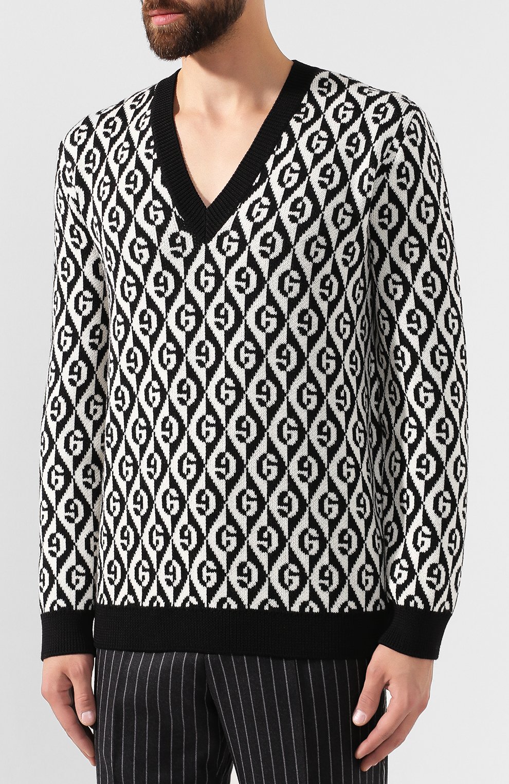 Шерстяной пуловер GUCCI черно-белого цвета по цене 69950 руб., арт. 595512/XKA0Y, фото 3 Шерстяной пуловер GUCCI, арт. 595512/XKA0Y, фото 3