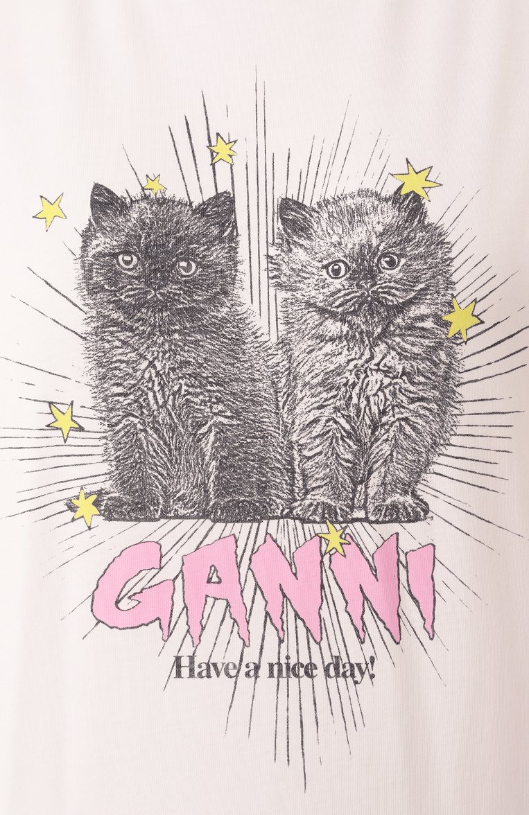 Женская хлопковая футболка GANNI белого цвета, арт. T4060 | Фото 6 (Длина (для топов): Стандартные; Рукава: Короткие; Материал внешний: Хлопок; Стили: Кэжуэл; Принт: С принтом; Женское Кросс-КТ: Футболка-одежда)