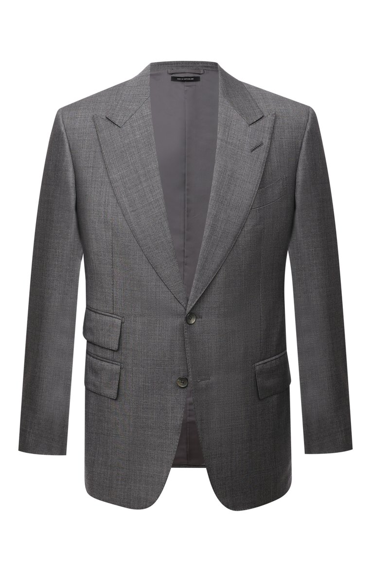 Мужской шерстяной пиджак TOM FORD светло-серого цвета, арт. 238R10/21AL43_1 | Фото 1 (Материал внешний: Шерсть; Длина (для топов): Стандартные; Рукава: Длинные; Материал подклада: Шелк, Купро; 1-2-бортные: Однобортные; Пиджаки М: Приталенный; Случай: Вечерний; Стили: Классический; Материал сплава: Проставлено; Драгоценные камни: Проставлено)
