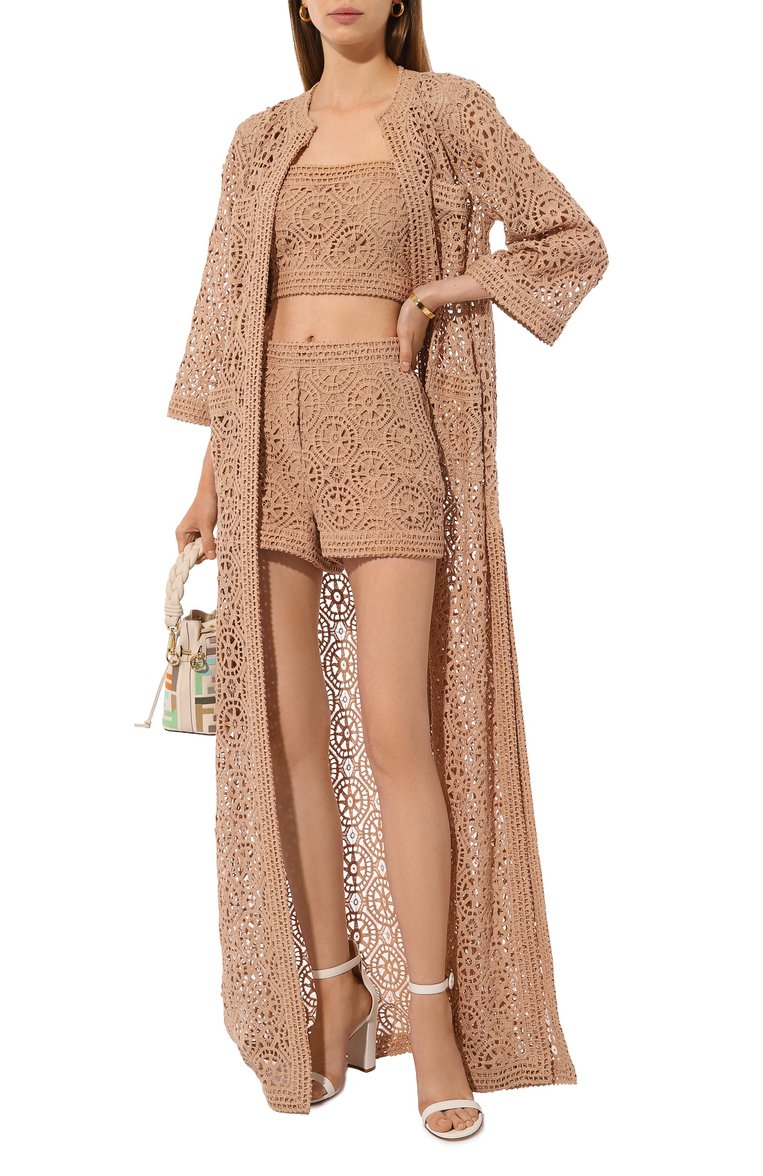 Женский топ из хлопка и шелка ELIE SAAB бежевого цвета, арт. T0078N | Фото 2 (Материал внешний: Хлопок; Длина (для топов): Укороченные; Стили: Этно; Рукава: На бретелях)