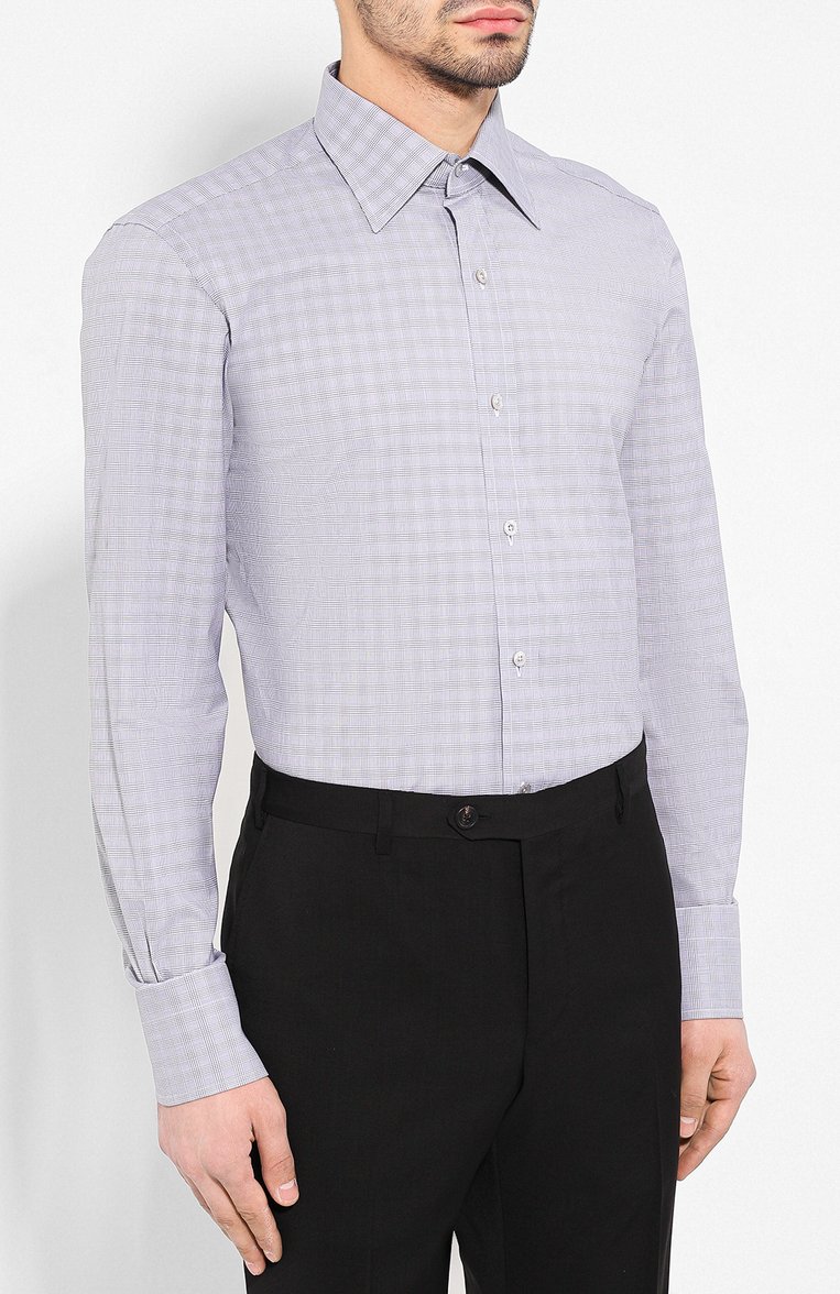 Мужская хлопковая сорочка с воротником кент TOM FORD серого цвета, арт. 5FT841/94C1JE | Фото 3 (Длина (для топов): Стандартные; Рукава: Длинные; Материал внешний: Хлопок; Статус проверки: Проверена категория, Проверено; Мужское Кросс-КТ: Сорочка-одежда; Принт: Клетка; Случай: Формальный; Манжеты: На пуговицах; Воротник: Кент; Материал сплава: Проверено, Проставлено; Драгоценные камни: Проставлено; Стили: Кэжуэл)