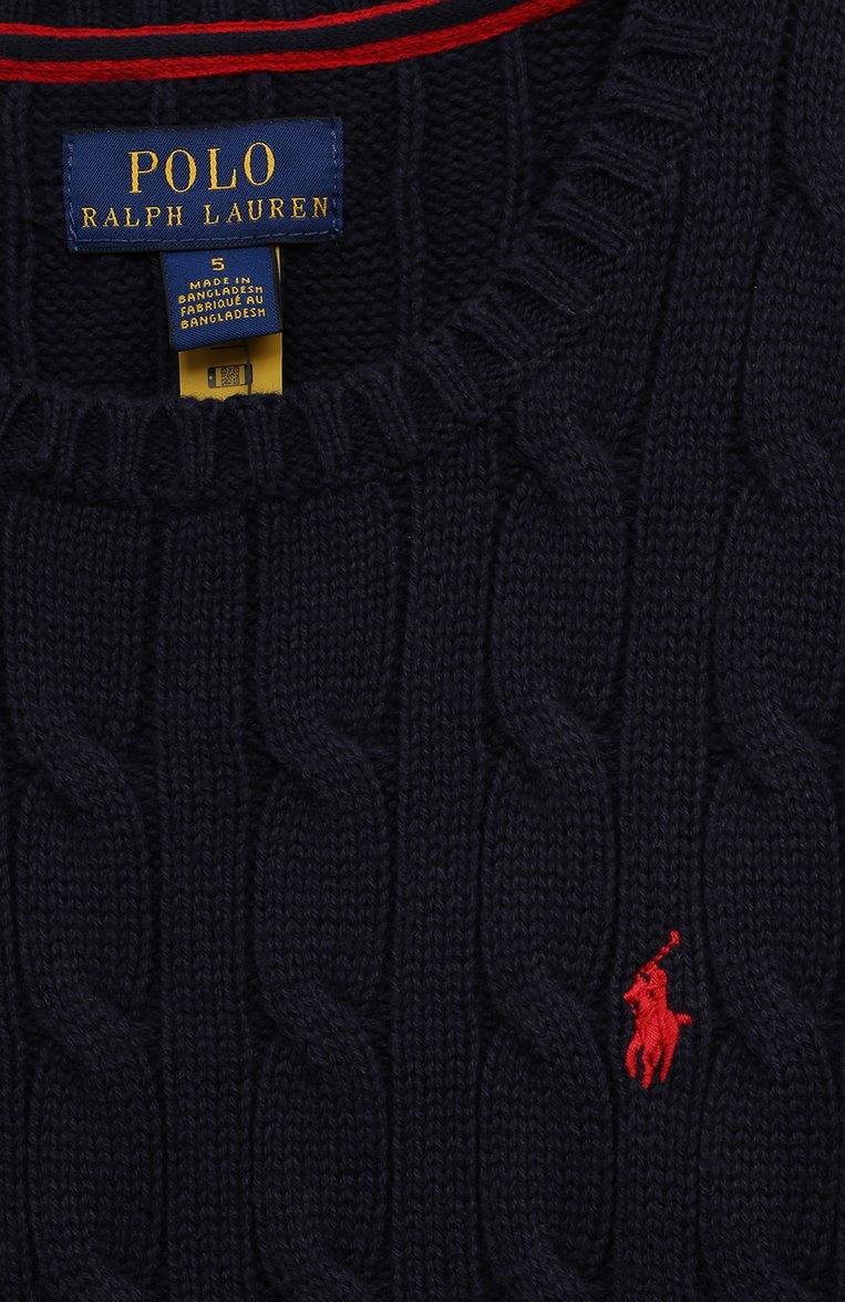 Детский хлопковый пуловер POLO RALPH LAUREN темно-синего цвета, арт. 322702674042 | Фото 3 (Материал внешний: Хлопок; Рукава: Длинные; Материал сплава: Проставлено; Драгоценные камни: Проставлено; Мальчики Кросс-КТ: Пуловер-одежда)