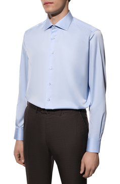Мужская хлопковая сорочка ZILLI голубого цвета, арт. MFY-4230-8380/0023 | Фото 4 (Рубашки М: Regular Fit; Манжеты: На пуговицах; Случай: Формальный; Воротник: Акула; Материал внешний: Хлопок; Длина (для топов): Стандартные; Стили: Классический; Рукава: Длинные; Принт: Однотонные; Материал сплава: Проставлено; Драгоценные камни: Проставлено)