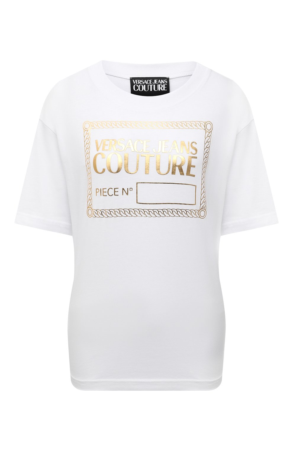 Хлопковая футболка VERSACE JEANS COUTURE белого цвета по цене 14550 руб., арт. 71HAHT13-71DP614 PIECE NR F0IL C0TT0N/CJ00T, фото 1 Хлопковая футболка VERSACE JEANS COUTURE, арт. 71HAHT13-71DP614 PIECE NR F0IL C0TT0N/CJ00T, фото 1