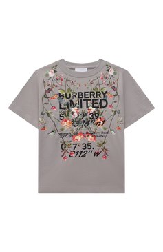 Детская хл�опковая футболка BURBERRY темно-серого цвета, арт. 8038447 | Фото 1 (Рукава: Короткие; Региональные ограничения белый список (Axapta Mercury): RU; Материал сплава: Проставлено; Материал внешний: Хлопок; Мальчики Кросс-КТ: Футболка-одежда; Драгоценные камни: Проставлено; Ростовка одежда: 10 - 11 лет | 140 - 146см, 12 лет | 152 см, 16 лет | 164 см, 3 года | 98 см, 4 года | 104 см, 6 лет | 116 см, 8 лет | 128 см)