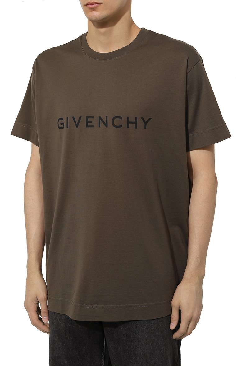 Мужская хлопковая футболка GIVENCHY хаки цвета, арт. BM716N3YAC | Фото 3 (Рукава: Короткие; Принт: С принтом; Длина (для топов): Удлиненные; Материал сплава: Проставлено; Стили: Милитари; Матери�ал внешний: Хлопок; Драгоценные камни: Проставлено)