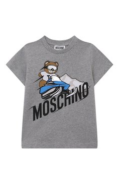 Детская хлопковая футболка MOSCHINO серого цвета, арт. HYM03U/LAA01/4A-8A | Фото 1 (Тематический товар: Teddy Bear; Рукава: Короткие; Материал сплава: Проставлено; Материал внешний: Хлопок; Мальчики Кросс-КТ: Футболка-одежда; Драгоценные камни: Проставлено)