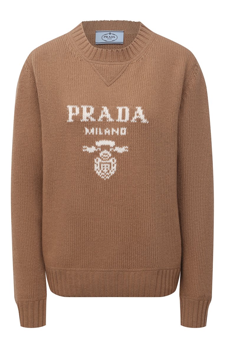 Женский свитер из шерсти и кашемира PRADA бежевого цвета, арт. P24G1V-1YMW-F0040-211 | Фото 1 (Женское Кросс-КТ: Свитер-одежда; Материал внешний: Шерсть, Кашемир; Рукава: Длинные; Стили: Гламурный; Длина (для топов): Стандартные; Материал сплава: Проставлено; Драгоценные камни: Проставлено)