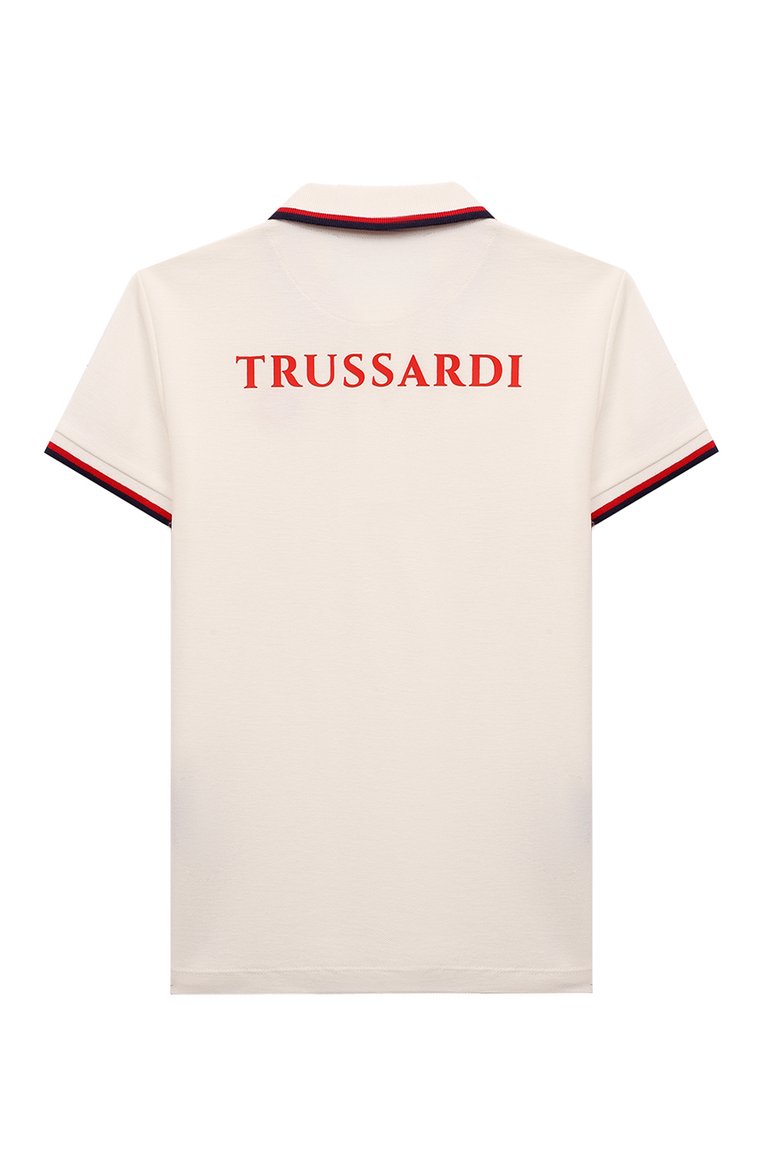 Детское хлопковое поло TRUSSARDI JUNIOR молочного цвета, арт. TBP24005PO | Фото 2 (Рукава: Короткие; Материал сплава: Проставлено; Материал внешний: Хлопок; Драгоценные камни: Проставлено; Ростовка одежда: 8 лет | 128 см, 12 лет | 152 см, 16 лет | 164 см, 10 - 11 лет | 140 - 146см, 13 - 15 лет | 158 см)