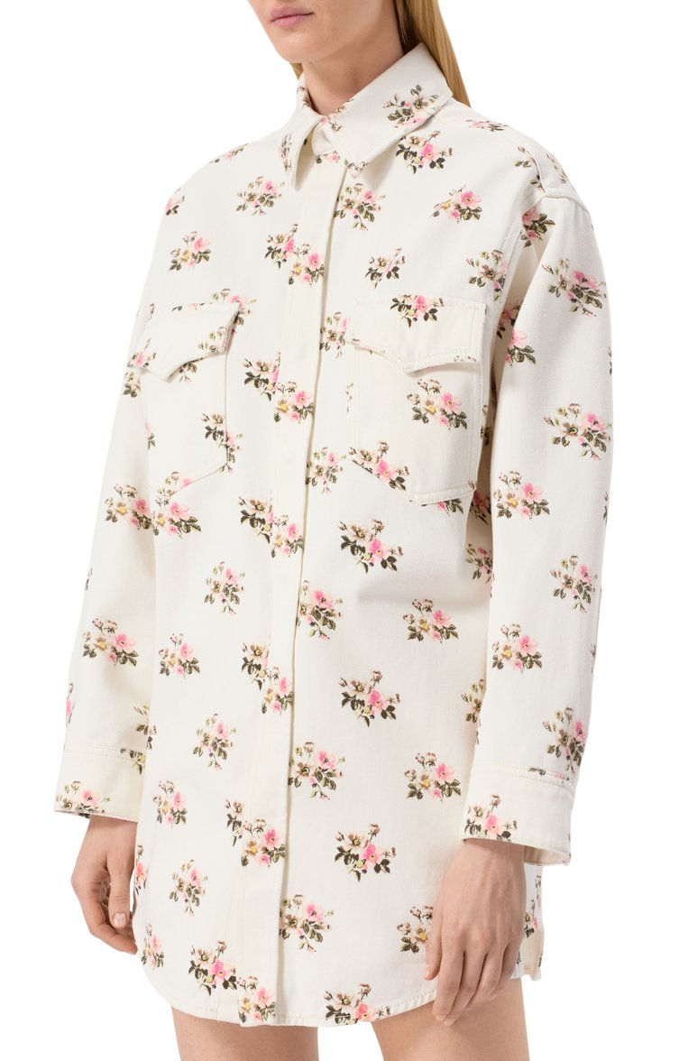 Женская джинсовая рубашка BLUMARINE кремового цвета, арт. P522J189W | Фото 3 (Рукава: Длинные; Материал внешний: Хлопок, Деним; Длина (для топов): Удлиненные; Принт: С принтом; Кросс-КТ: Деним, костюм; Женское Кросс-КТ: Рубашка-одежда; Стили: Романтичный)