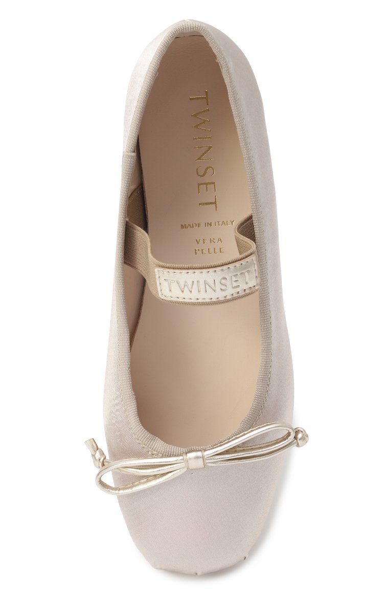 Детские атласные балетки TWINSET золотого цвета, арт. 251GCJ022/30-34 | Фото 4 (Автоматизация состава: Проставлено; Материал внутренний: Натуральная кожа; Нос: Не проставлено; Материал внешний: Текстиль)