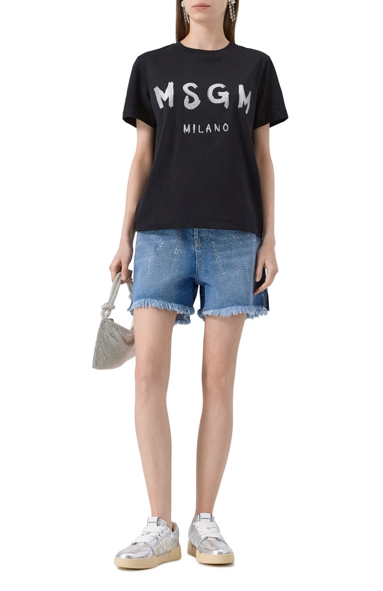 Женская хлопковая футболка MSGM черного цвета, арт. 3441MDM510G/237002 | Фото 2 (Длина (для топов): Стандартные; Рукава: Короткие; Стили: Кэжуэл; Принт: С принтом; Материал внешний: Хлопок)