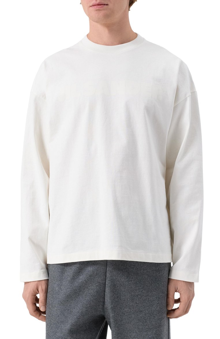 Мужская хлопковый лонгслив JIL SANDER белого цвета, арт. J21GC0167/J20243 | Фото 3 (Материал внешний: Хлопок; Рукава: Длинные; Длина (для топов): Стандартные; Стили: Кэжуэл; Принт: Без принта; Мужское Кросс-КТ: Футболка-одежда; Кросс-КТ: Джерси; Автоматизация состава: Проставлено; Автоматизация ТО: Проставлено; Детали: Декор)