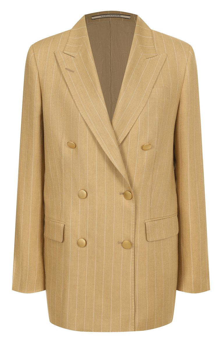 Женский льняной жакет TAGLIATORE 0205 бежевого цвета, арт. J-JASMINE10B/340252 | Фото 1 (Рукава: Длинные; Материал вн�ешний: Лен; Длина (для топов): Удлиненные; Стили: Кэжуэл; Кросс-КТ: костюм; 1-2-бортные: Двубортные; Женское Кросс-КТ: Жакет-одежда)