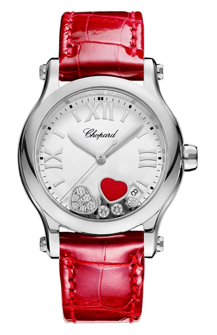 Женские часы happy hearts CHOPARD бесцветного цвета, арт. 278582-3005 | Фото 1 (Механизм: Кварц; Материал корпуса: Сталь; Цвет циферблата: Белый; Региональные ограничения белый список (Axapta Mercury): Не проставлено; Нос: Не проставлено)