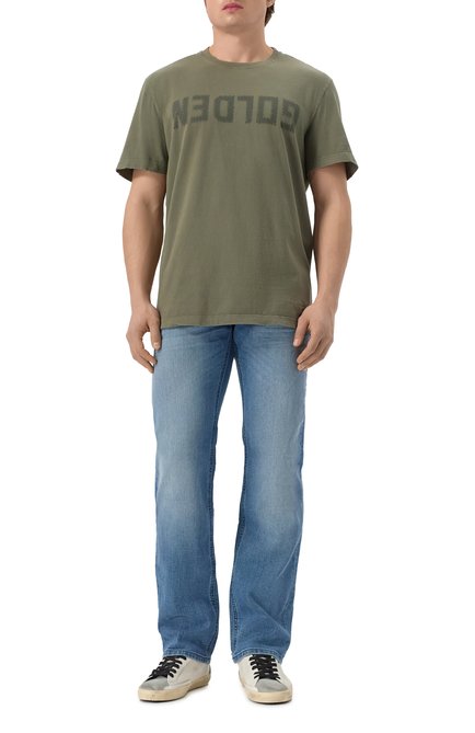 Мужская хлопковая футболка GOLDEN GOOSE DELUXE BRAND хаки цвета, арт. GMP01220.P000671 | Фото 2 (Драгоценные камни: Проставлено; Рукава: Короткие; Длина (для топов): Стандартные; Материал сплава: Проставлено; Материал внешний: Хлопок)