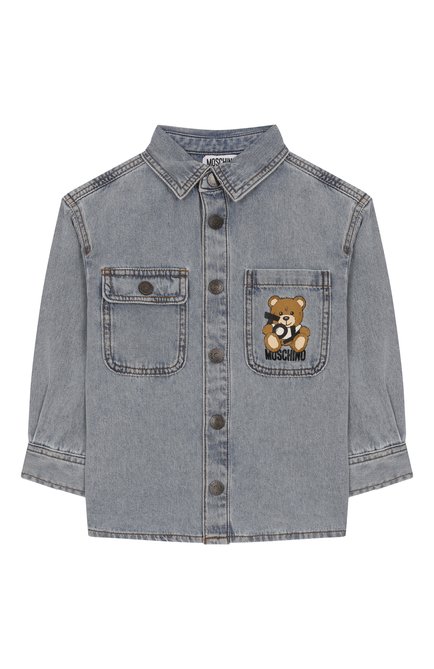 Детское джинсовая рубашка MOSCHINO тёмно-голубого цвета, арт. HUC01F/L0E33/4-8 | Фото 1 (Драгоценные камни: Проставлено; Материал внешний: Хлопок; Материал сплава: Проставлено; Рукава: Длинные)
