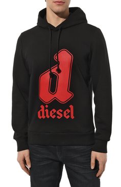 Мужской худи DIESEL черного цвета, арт. A08690/0HAYT | Фото 3 (Рукава: Длинные; Материал внешний: Синтетический материал, Хлопок; Длина (для топов): Стандартные; Принт: С принтом; Мужское Кросс-КТ: Худи-одежда; Материал сплава: Проставлено; Нос: Не проставлено; Стили: Спорт-шик; Драгоценные камни: Проставлено)