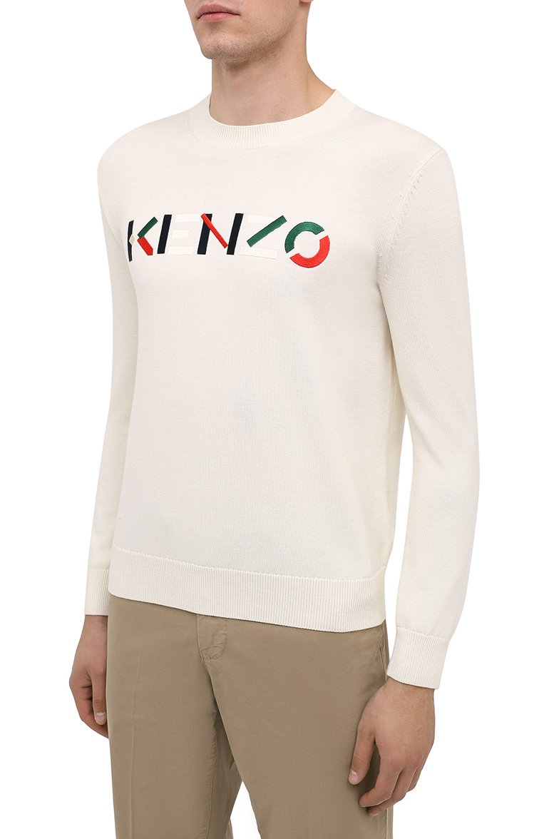 Мужской шерстяной джемпер KENZO белого цвета, арт. FA65PU5413LA | Фото 3 (Длина (для топов): Стандартные; Материал внешний: Шерсть; Рукава: Длинные; Мужское Кросс-КТ: Джемперы; Стили: Кэжуэл; Вырез: Круглый; Принт: С принтом)