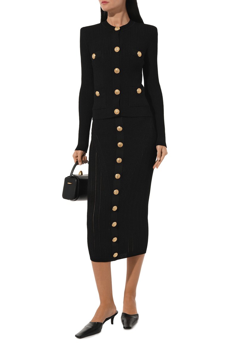 Женский кардиган из вискозы BALMAIN черного цвета, арт. AF1KL005KB39 | Фото 2 (Длина (для топов): Стандартные; Рукава: Длинные; Материал внешний: Вискоза; Стили: Гламурный; Женское Кросс-КТ: кардиган-трикотаж; Застежка: Пуговицы)