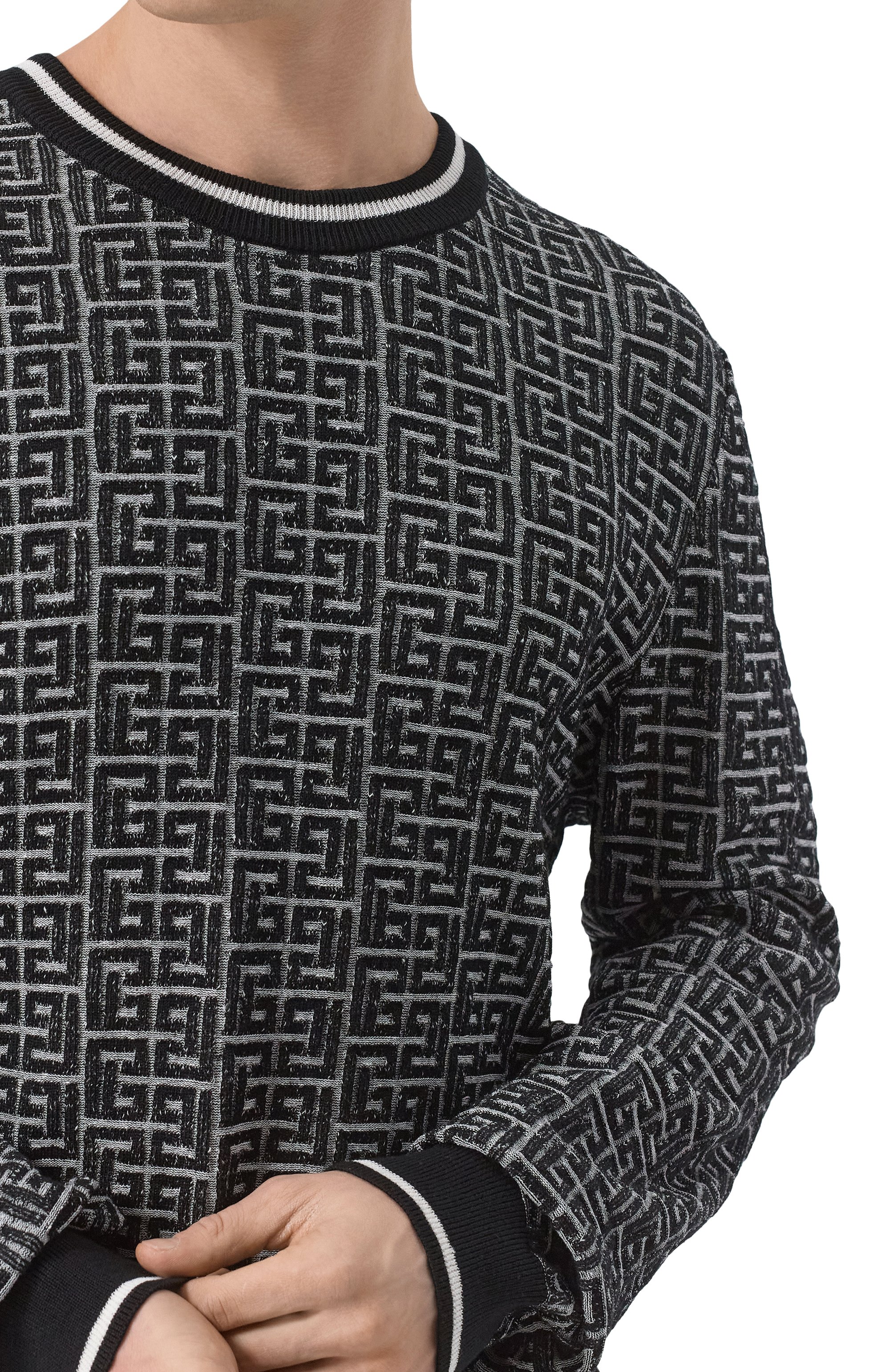 Джемпер из шерсти и льна BALMAIN черно-белого цвета по цене 125500 руб., арт. EH1KD000/KI03, фото 5 Джемпер из шерсти и льна BALMAIN, арт. EH1KD000/KI03, фото 5