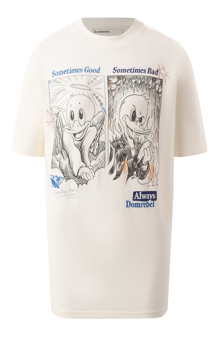 Женская хлопковая футболка DOMREBEL кремового цвета, арт. S0METIMES T-SHIRT SWAR0WSKI | Фото 1 (Длина (для топов): Стандартные; Рукава: Короткие; Материал сплава: Проставлено; Драгоценные камни: Проставлено; Стили: Кэжуэл; Принт: С принтом; Материал внешний: Хлопок)